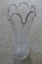 Clear Glass Vase  Ribbed / Scalloped Rim / Star Pattern in Bottom 8 1/2" U 