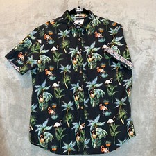 Cactus Man Ricky Singh Cotton Shirt Men's Large Black Floral Palm Flamingo Aloha