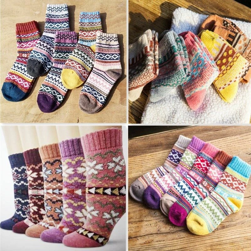 5 Pairs Women Socks Wool Blend Cashmere Warm Thick Soft Retro Sports Casual Sock - Image 3 of 4