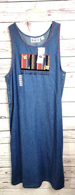 NWT Keren Hart Maxi Dress Women's Size XL Blue Denim Beaded Tapestry Cottagecore