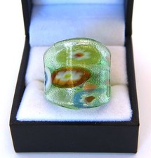 Bohemian Green abstract Floral theme Hand Blown Glass Bling Ring size 8.75