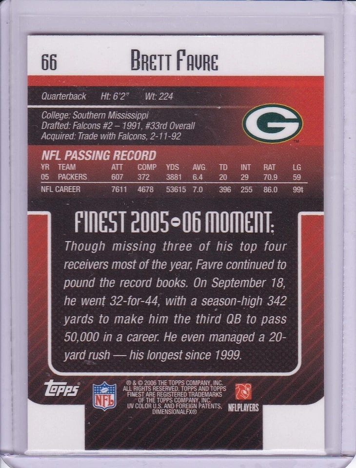 Brett Favre 2006 Topps Finest Football Card 66 - Image 2 of 2