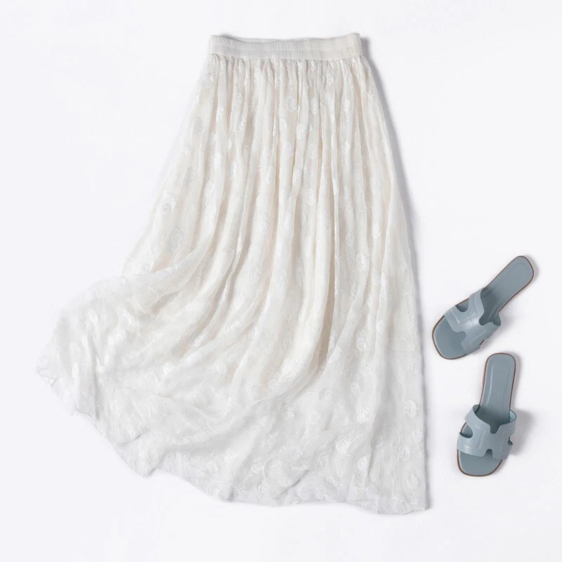 100% Mulberry Silk White Full Embroidery Women Skirt With Lining Summer M1081