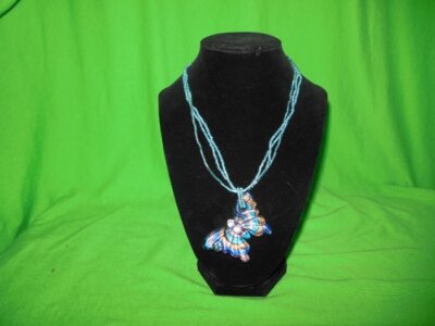 Handcrafted Triple Strand Necklace with Art Glass Butterfly Pendant