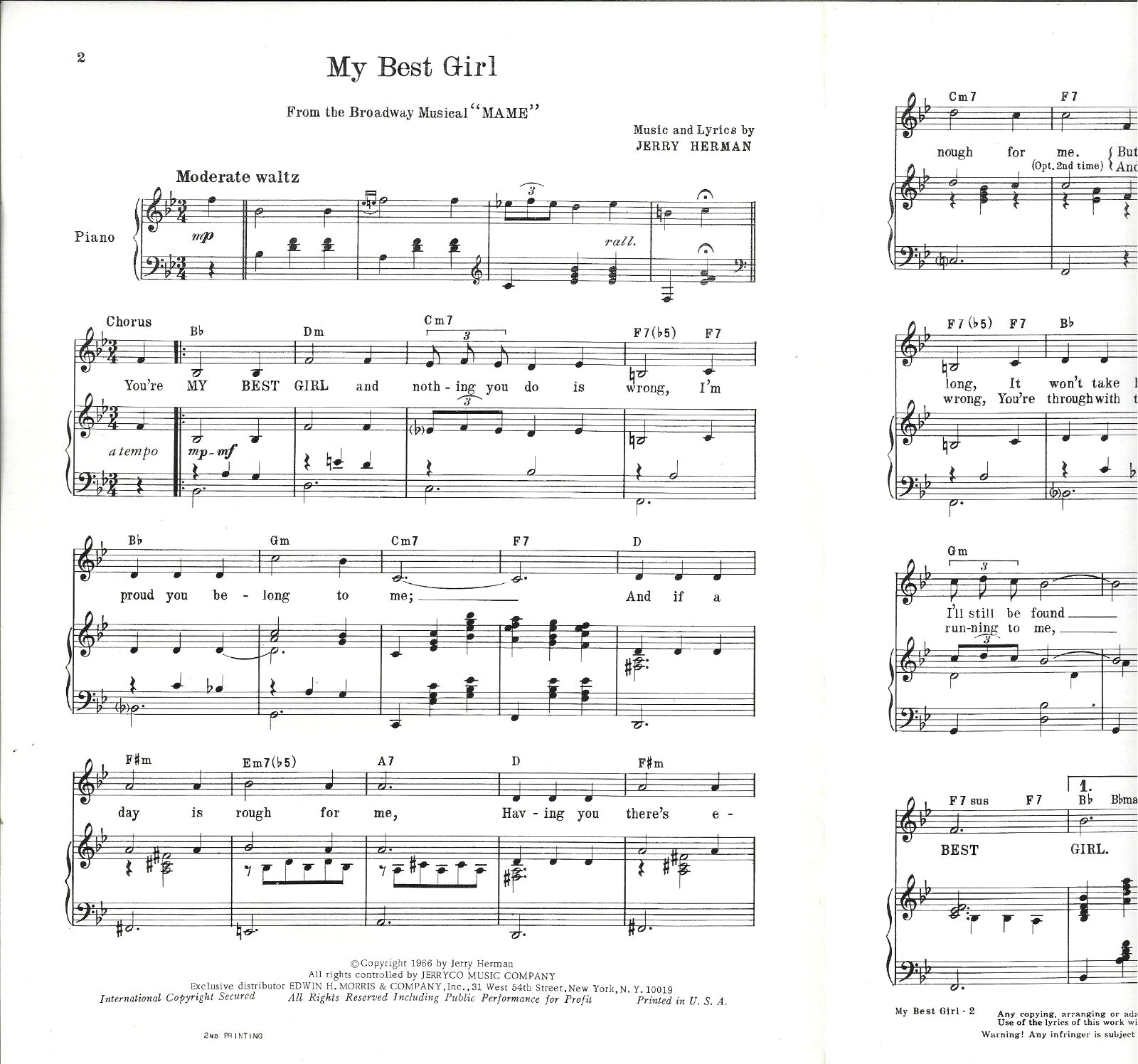 Angela Lansbury MY BEST GIRL from MAME Broadway Sheet Music 1966 JERRY