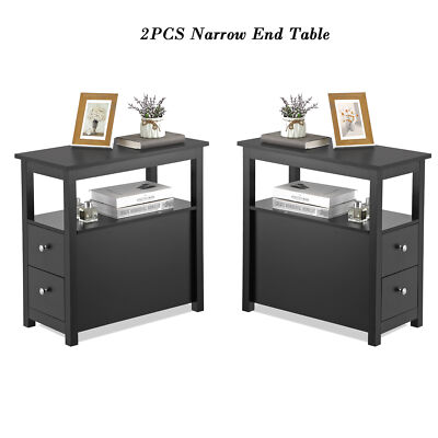 Set of 2 End Tables Narrow Chairside Table w/Drawer and Open Storage Shelf Black