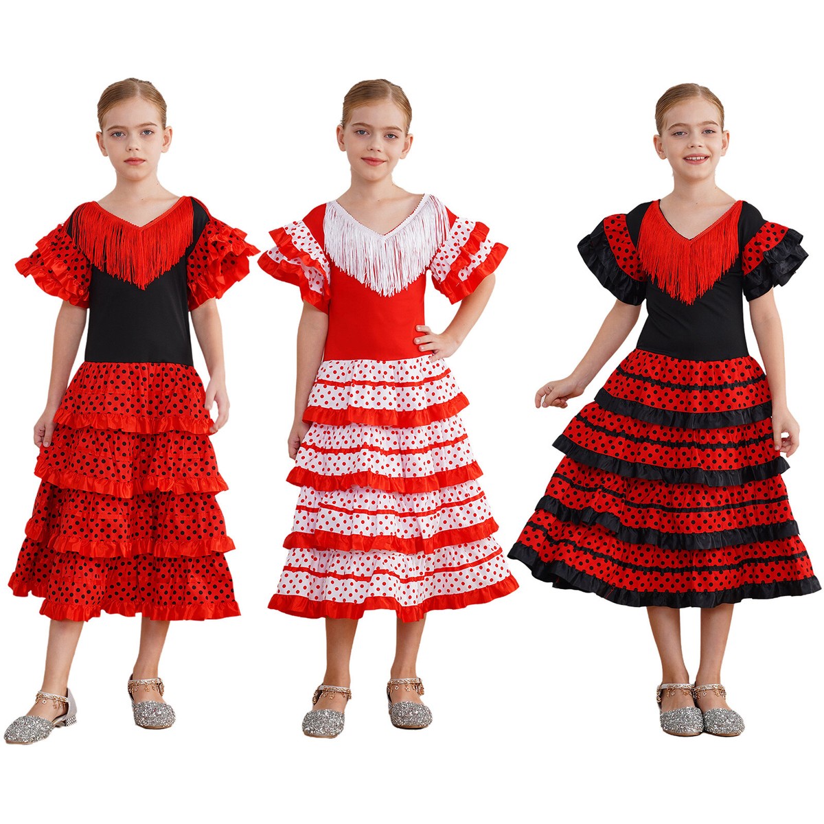 Niñas Vestido Lunares Disfraz Cómodo Vestidos Manga Volantes Flamenca Cuello en V