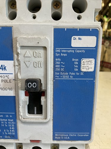 WESTINGHOUSE CIRCUIT BREAKER CAT#EHD3100. EHD 14K 100 AMPS 480 VOLTS - Picture 7 of 10