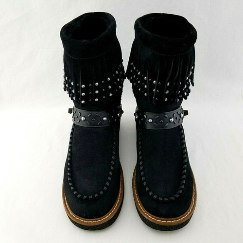 COACH ROCCASIN Boots Fringe Studded Black Suede Shearling Moccasin US 6/36.5 NEW - Picture 3 of 7