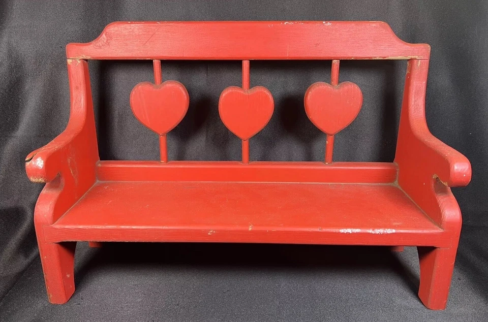 Vintage 16” Handmade Red Rustic Wood Farmhouse Small Bench w Hearts Handcrafted - Image 2 of 4