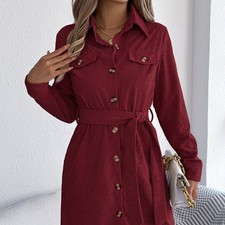 Women Corduroy Short Shirt Dress Long Sleeve Button A-line with Belt Blouse