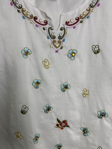Lynda’s New York 100% Leinen Bluse Blumenverzierungen Gr. Large bestickt - Bild 2 von 7