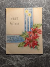 Christmas Card Vintage Seasons Greetings Two Candles Blue Panel Poinsettia 1940