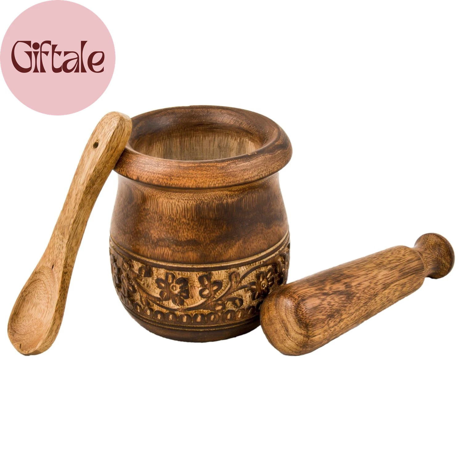 Wooden Carved Mortar and Pestle | Grinder for Herbs, Spices and Kitchen Usage, N