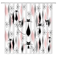 Mid Century Black Cat Shower Curtain Atomic Cat Modern Abstract Geometric Ico...