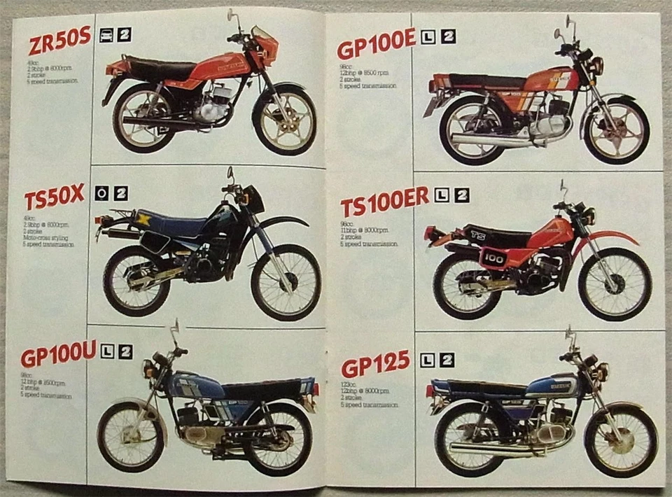 SUZUKI MOTORCYCLES Sales Brochure c1984 FZ50 TS125N GS550EZ GSX1100ES GP125 FR80 - Image 3 of 4