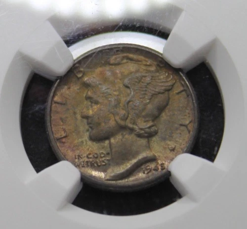 1945 D NGC MS64 FB Full Bands Rainbow Color Toned Silver Mercury Dime 10c Coin