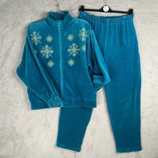 VTG Oleg Cassini Velour Tracksuit Set Size M  Blue Gold Snowflakes Jacket Pants