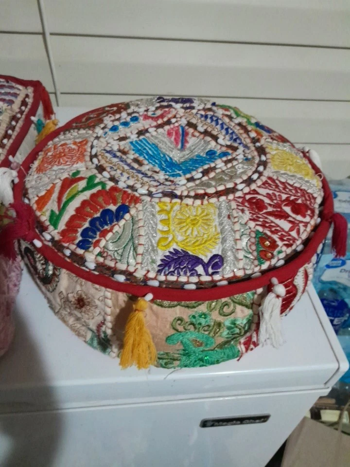 Ottoman Round/Square Pouf Vintage Patchwork Floor Cushion/Dog Bed Set Of 2 - Image 4 of 4