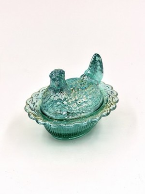 Vintage Mosser Glass Carnival Teal Mini Hen on Nest, Cambridge, Oh 2.5'' L