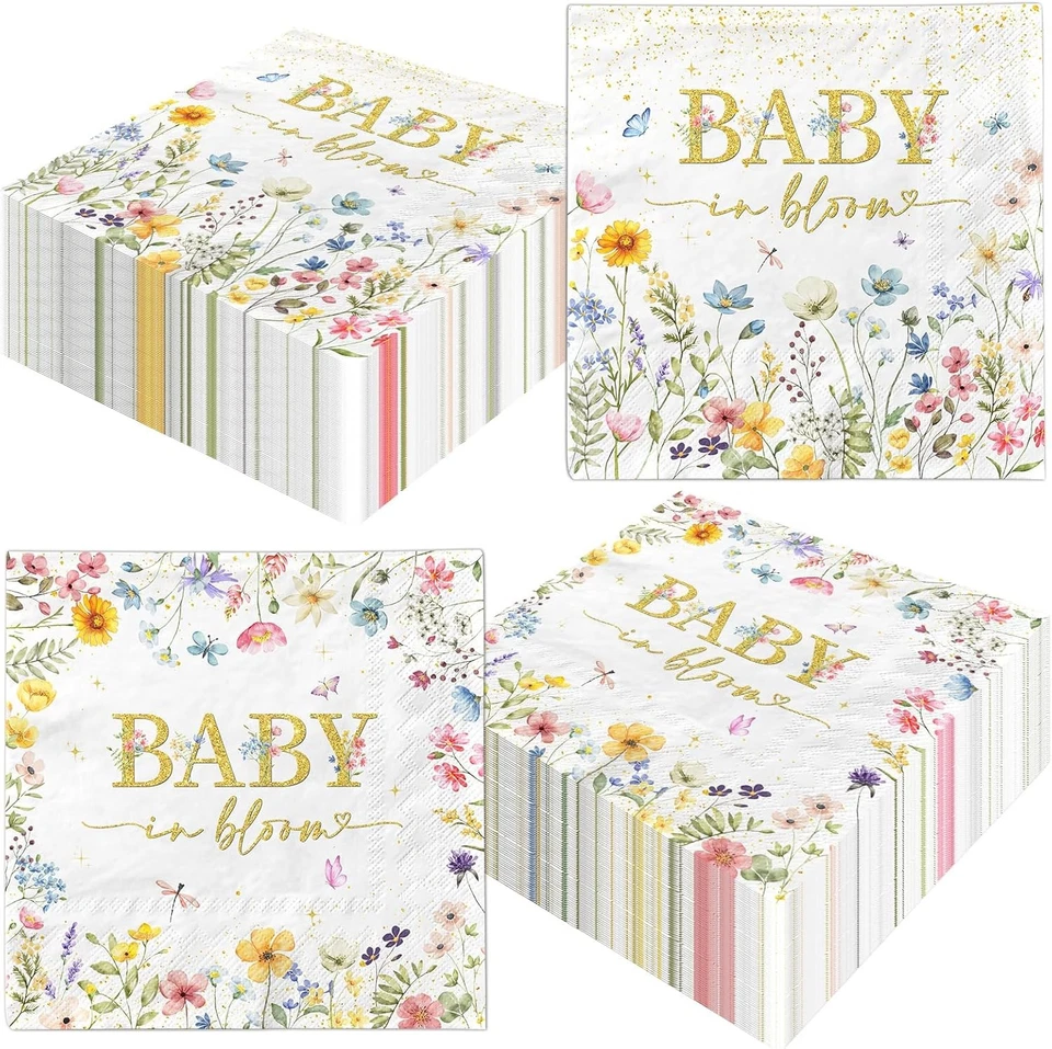 Servilletas florales temáticas Baby in Bloom 48 piezas - Fiesta de baby shower para niñas - blancas con... Foto 4 de 4