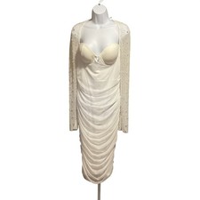 Fashion Nova Womens Pearl Embellished Sheer Ruched Midi Dress XL White Glam Prom