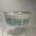 VTG Pyrex Amish Butterprint 472 White & Turquoise Casserole W Lid 1.5 Pint EUC