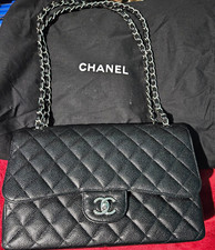 CHANEL Classic Flap Medium Caviar Leather Quilted Double Flap Silver Chain