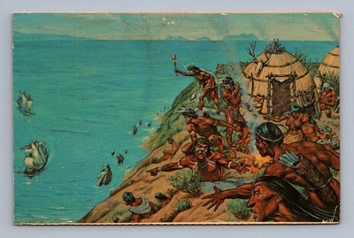 Native American Indians looking at Spanish ships illustration 1970s