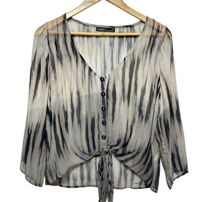 Gypsy 05 Silk Blouse Womens XS Grey Tie Front Sheer Abstract Boho Chic