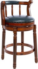 Genuine Leather Swivel Bar Stools Counter Height Chairs Wooden Kitchen Barstools