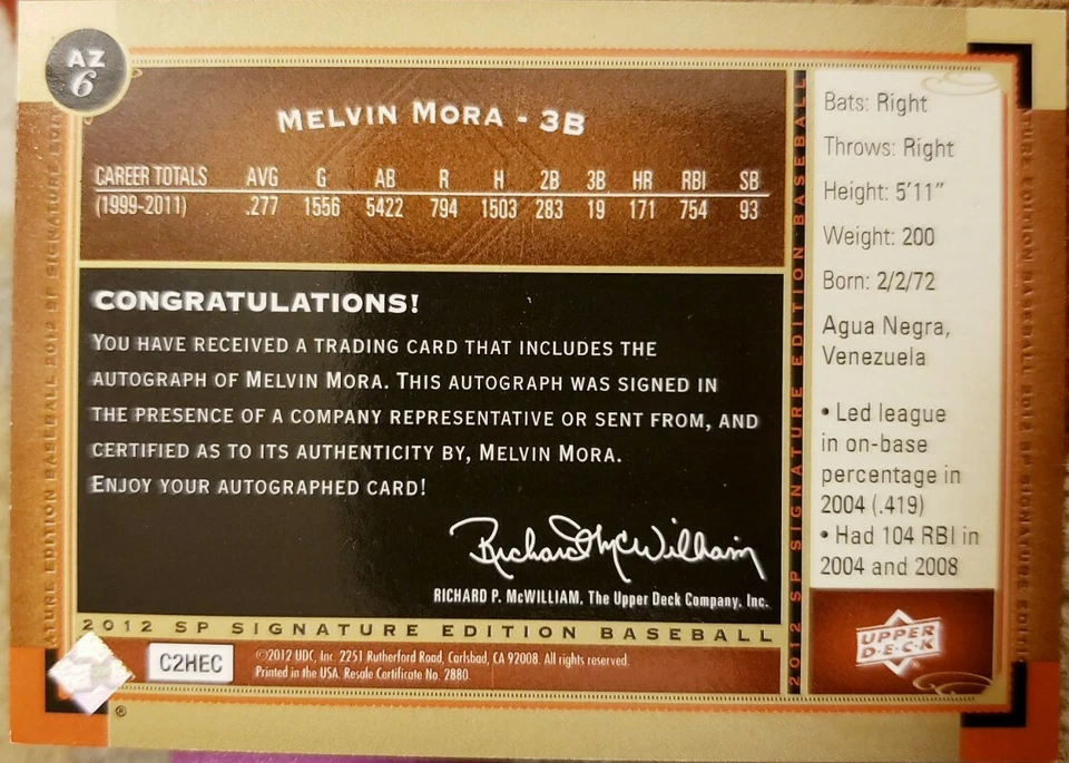 梅尔文·莫拉 2012 Upper Deck SP 签名版亲笔签名 #AZ6 Diamondbacks 金莺队 — 第 2/2 张图片