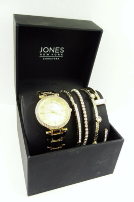 Jones New York JNYS1930 Women's Crystal Gold Tone Watch & 5 Piece Bracelet Set