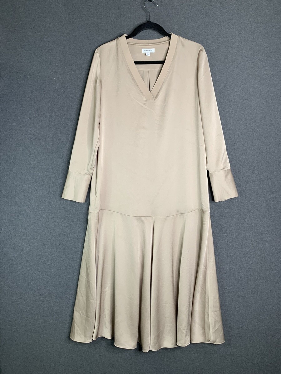 NORDSTROM Long Sleeve V Neck Trapeze Satin Dress Oversize Fit Tan