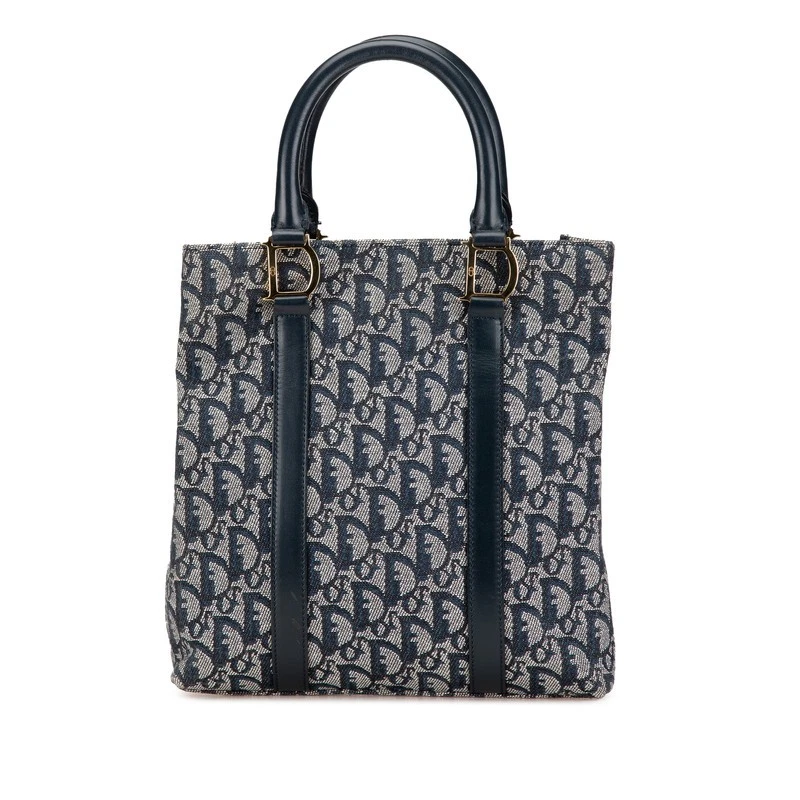 DIOR Trotter Mini Sac Fourre Tout Bleu Marine Gris Jacquard Cuir Sac à Main pour Femme
