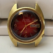 1973 Bulova Accutron Red Sunburst Dial Day Date Mens Tuning Fork Watch - Broken