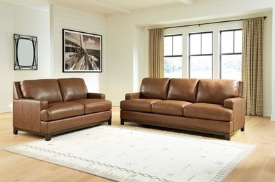 LUXURY Genuine Top-Grain Leather 2PC Sofa Loveseat Living Room Set Brown Amber