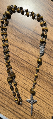 Catholic Rosary with genuine tiger eye beads and crucifix 19'' long L-J