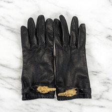 Authentic GUCCI Black Leather Gloves 5 Fingers Size 8 Gold hardware Women's