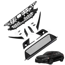 FOR 22-24 CIVIC GLOSS BLK TYPE-R STYLE FRONT UPPER & LOWER GRILL + Light frame