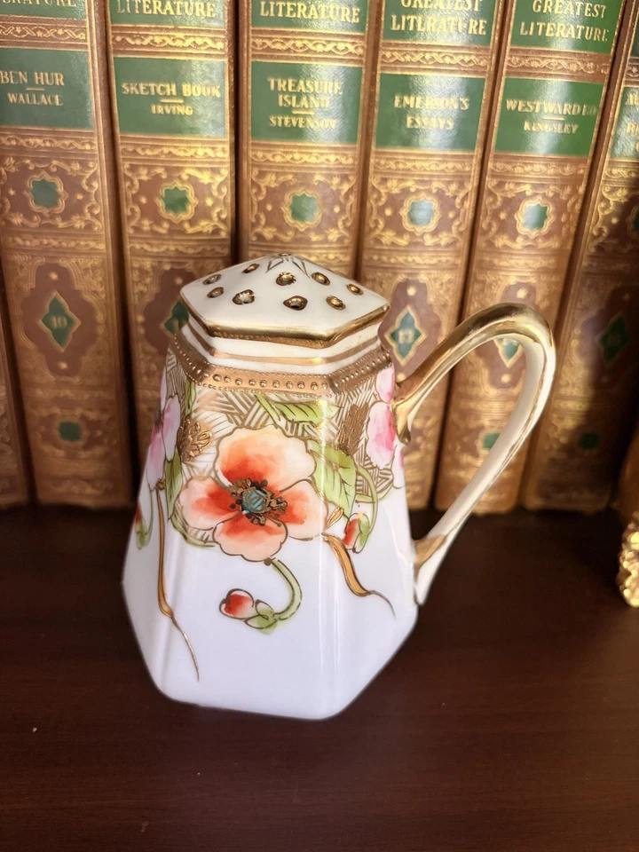 Antigua coctelera de azúcar Nipón pintada a mano floral adorno dorado 1890-1920 5" Foto 2 de 4