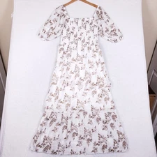 Kings Road Smocked Tiered Floral Midi Dress XL White Brown Cottagecore Boho