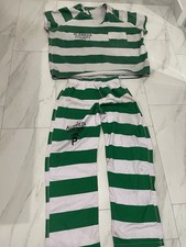 Prison Inmate Green White Striped Costume Set Top Pants 2XL Elastic Stretch