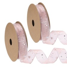 2 Roll Organza Star Ribbon Wired 1 Inch Wide 20 Yards Pink