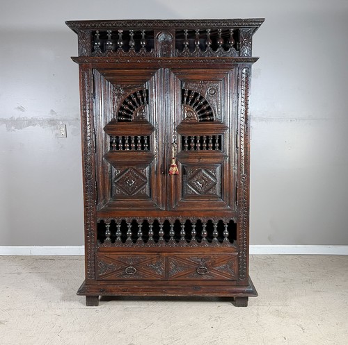 French Antique Breton (Brittany) Armoire Cabinet Carved Oak Wood Wardrobe