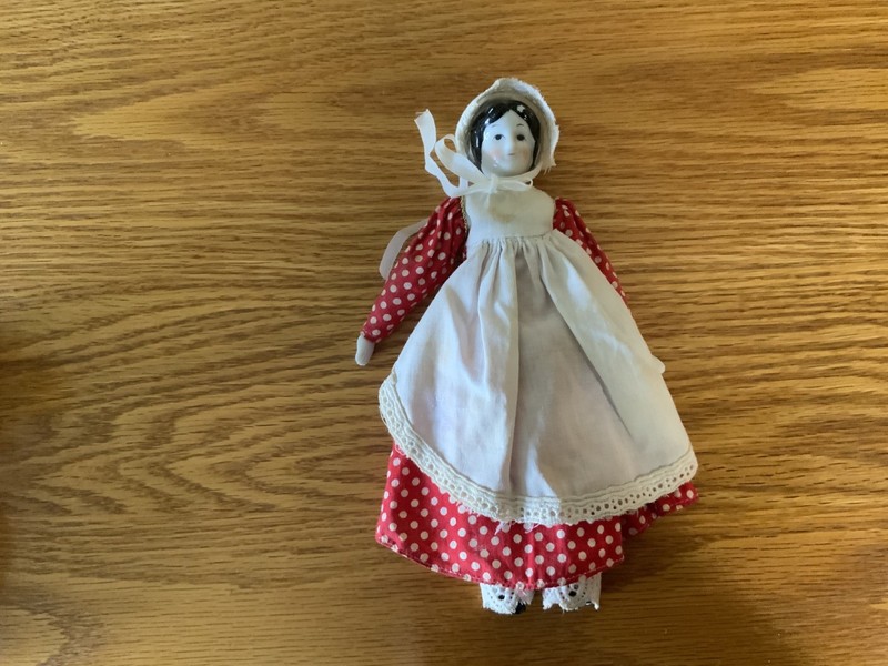 Antique Porcelain Doll Cloth Body White Pinafore Red Polka Dot Dress Bloomers