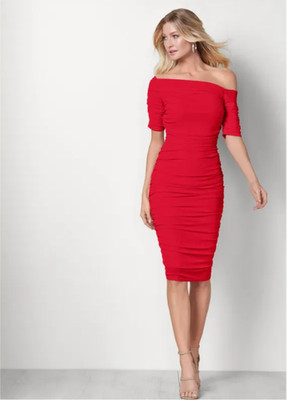 VENUS Red Ruched Off-Shoulder Midi Dress Size S