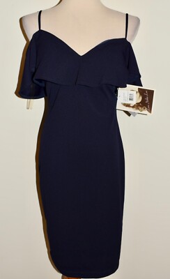 New Womens Love Nickie Lew Dress Medium Blue Ruffle Cold Shoulder Sheath