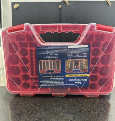 NEW Deluxe Battery Organizer Storage Case with Hinged Clear Cover (RED)