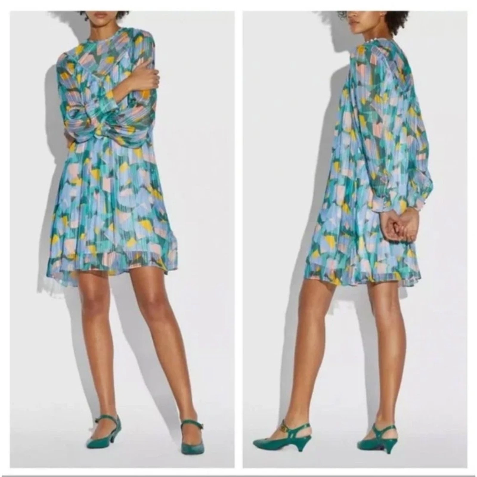 Mini abito Coach colorato audace Geo Yoke manica lunga